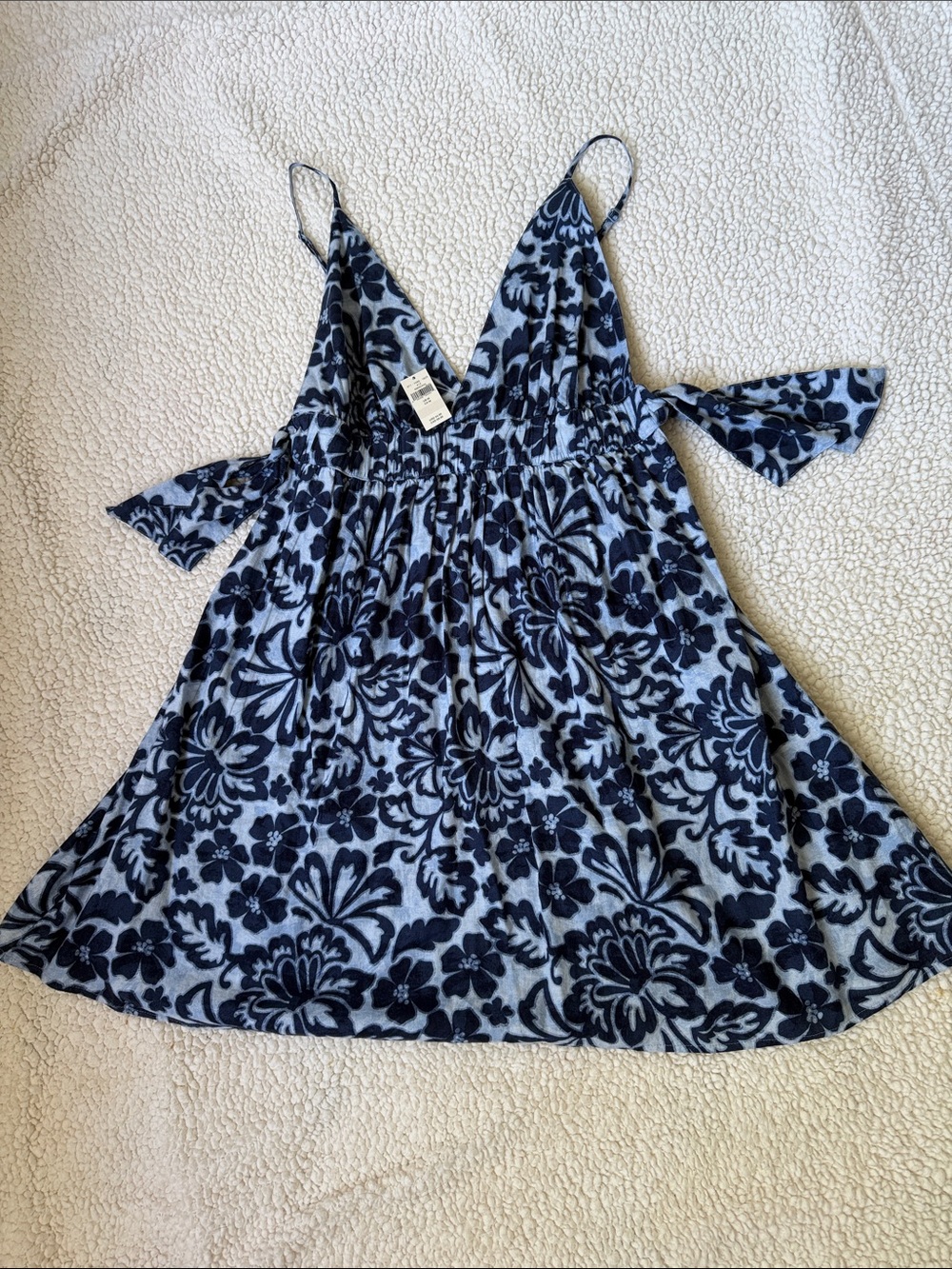 Aerie Linen Blend Side Tie Mini Dress Blue Tropical Floral, Women's Medium NWT